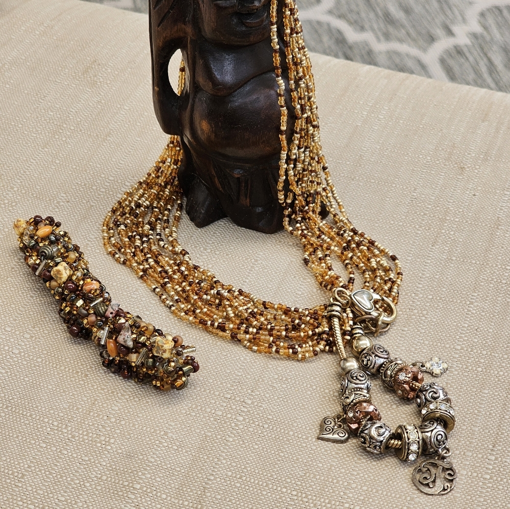 SET! Beaded Necklace with Gemstone & Bead Bracelet & Cute Charm Bracelet  SET!